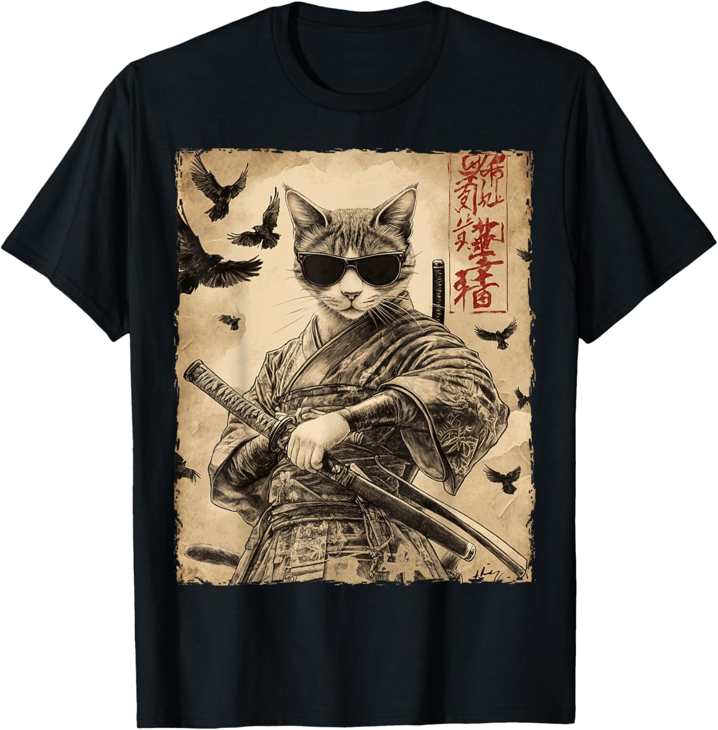 Cat Samurai Sunglasses Japanese Warrior Anime T-Shirt