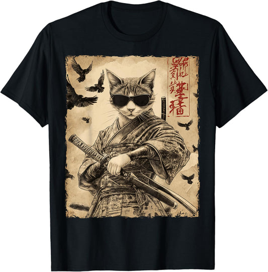 Cat Samurai Sunglasses Japanese Warrior Anime T-Shirt