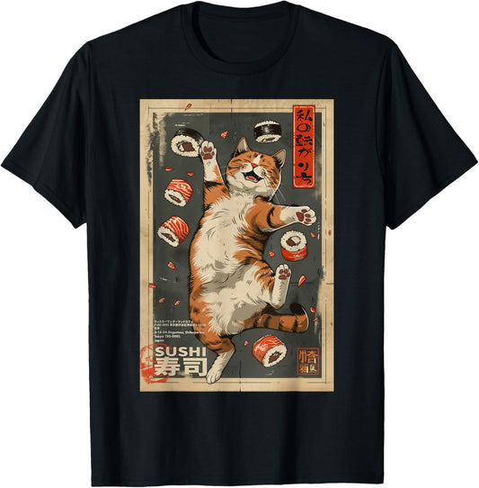 How I Roll: Cat Cafe Sushi Poster Harajuku Kawaii Japanese T-Shirt, Small, Black