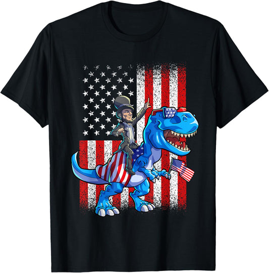 Dino Abraham Lincoln 4th Of July Shirt Boys American Flag T-Shirt