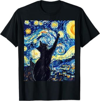Van Gogh Style Starry Night Cute Cat Art T-Shirt