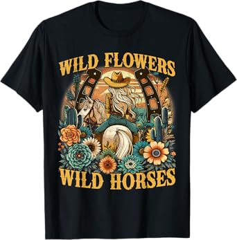 Retro Southern Sunset Cowgirl Wild Flowers - Wild Horses T-Shirt