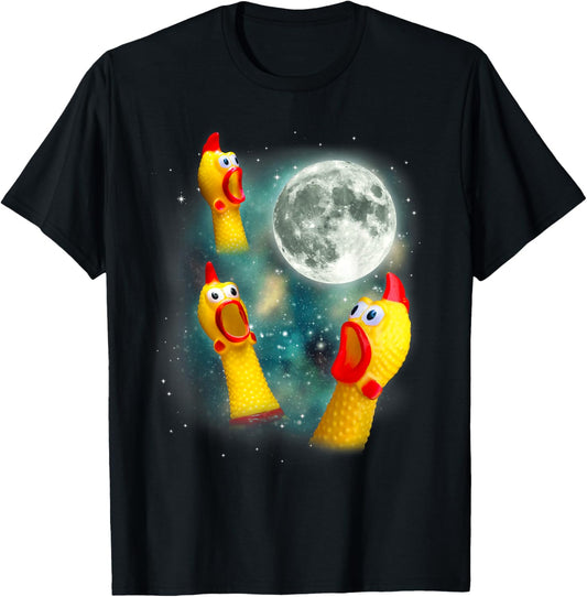 Three Rubber Chicken Moon Funny Screaming Fowl Cursed Joke T-Shirt