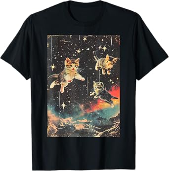 Funny Kittens Cat in Space Cute Vintage Art Retro T-Shirt