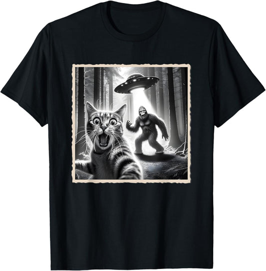 Cat Selfie With Bigfoot & UFO | Funny Sasquatch & Cat T-Shirt