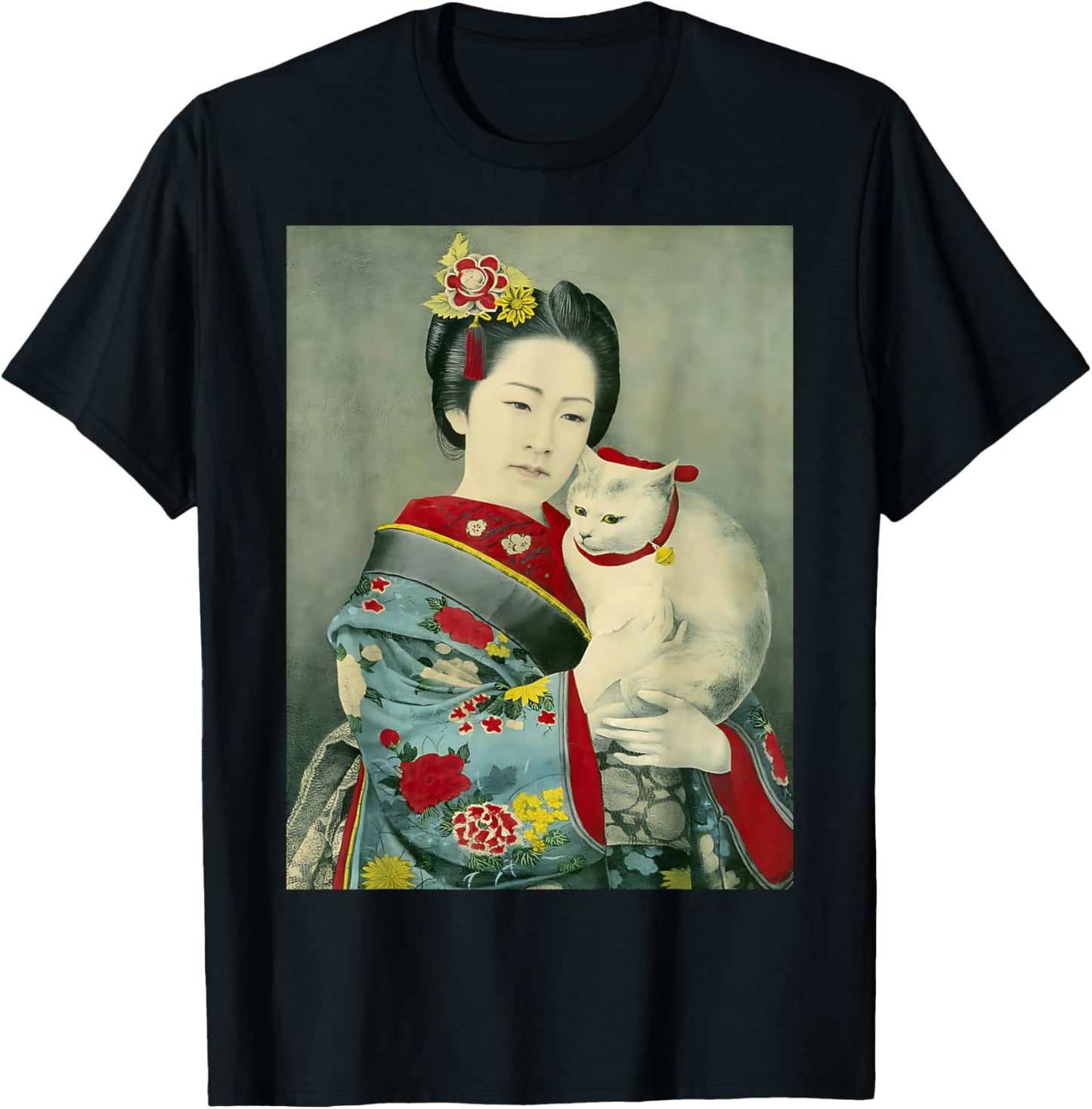 Geisha in kimono with cat Japanese woman Neko vintage art T-Shirt