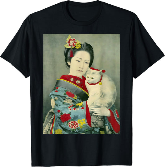 Geisha in kimono with cat Japanese woman Neko vintage art T-Shirt