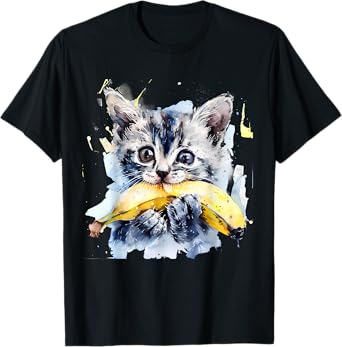 Banana Cat Watercolor Portrait Animal Art Bananas Fruit T-Shirt
