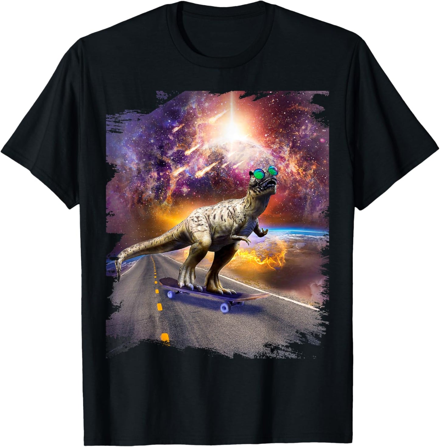Dinosaur with sunglasses on skateboard in space T-Shirt