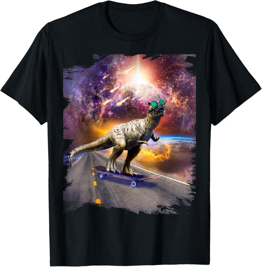 Dinosaur with sunglasses on skateboard in space T-Shirt