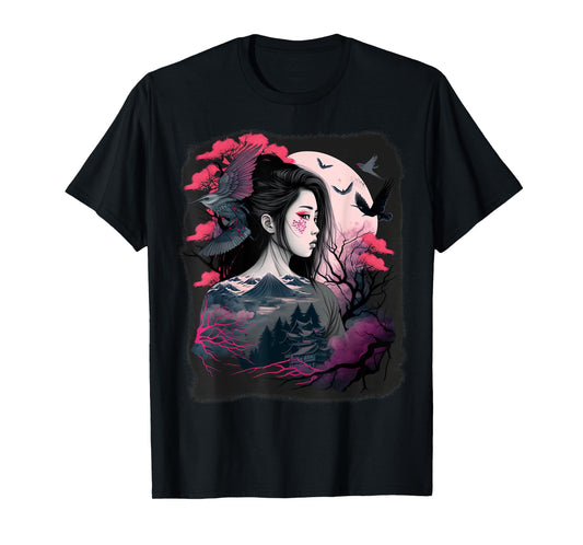 Japanese Samurai Girl Sakura Cherry Blossom Aesthetic Moon T-Shirt
