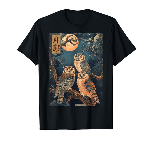 Night Owls Forest Trees Japanese Woodblock Painting Wildlife T-Shirt