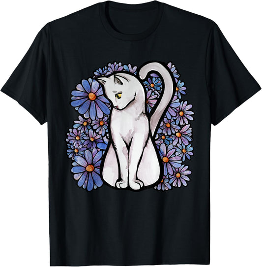 White Cats Kitty Cat Flower Garden T-Shirt