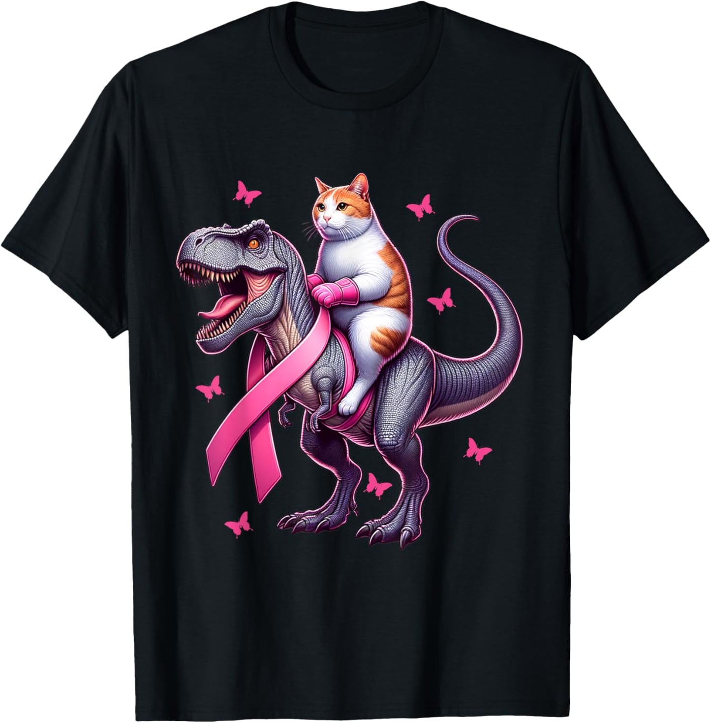 Cat Riding T Rex Dinosaur. Breast Cancer Awareness T-Shirt for Men Women Kids
