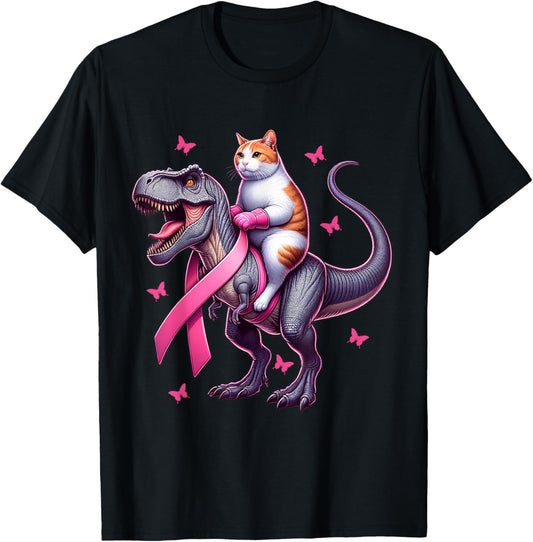 Cat Riding T Rex Dinosaur. Breast Cancer Awareness T-Shirt for Men Women Kids