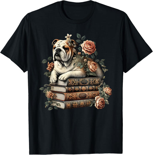 Cottagecore Aesthetic Floral English Bulldog Dog Books T-Shirt