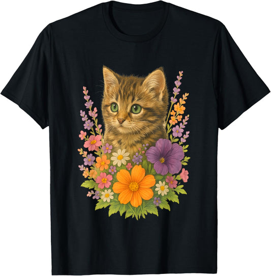 Cat Flower Tee Cottagecore Botanical Vintage Kitten Graphic T-Shirt