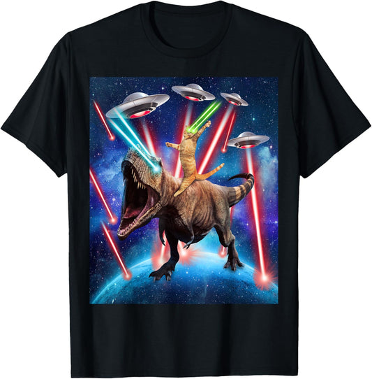 Space Cat Riding Dinosaur T rex Laser Eyes UFO Funny Cat T-Shirt
