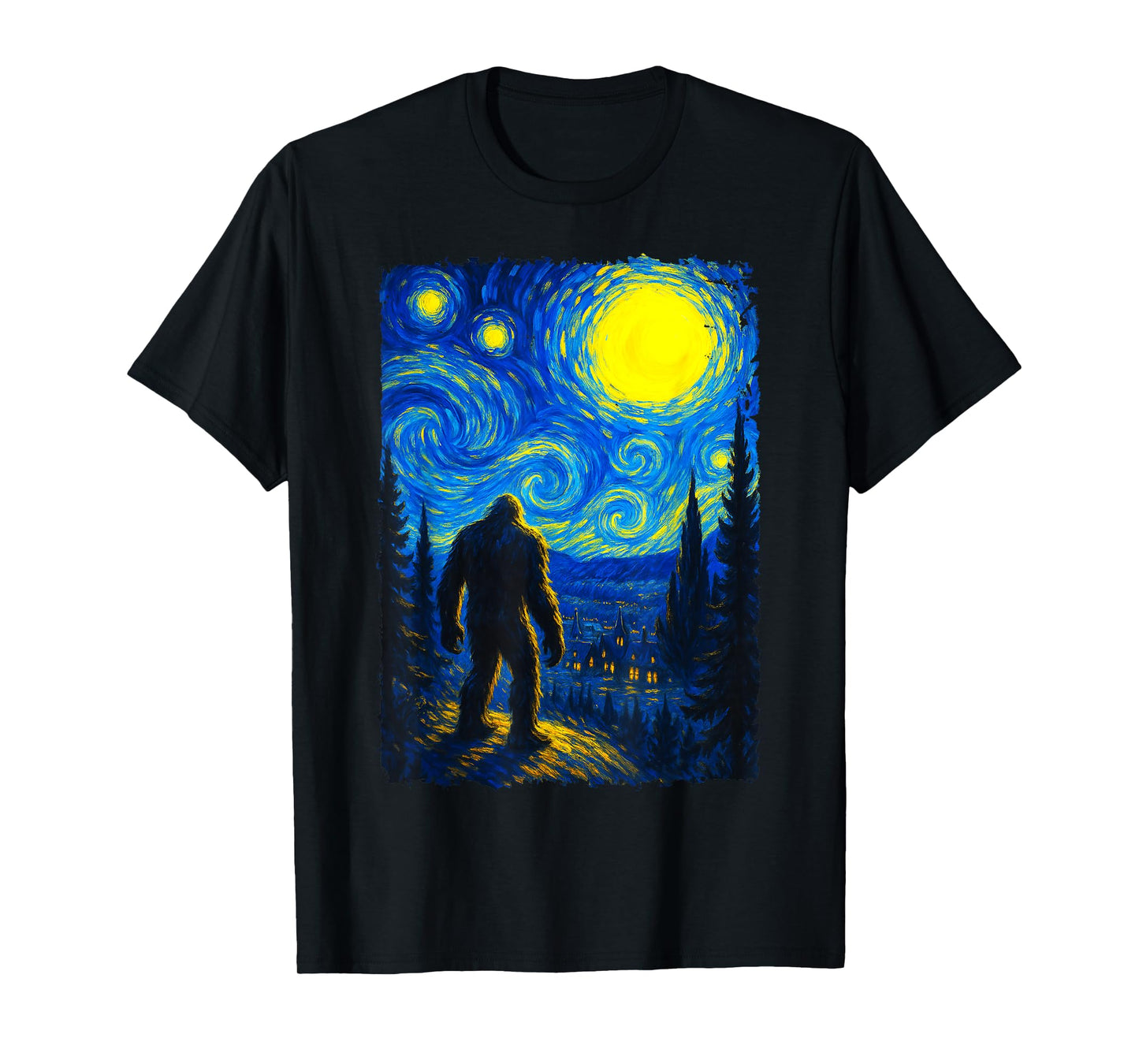 Bigfoot Starry Night Sasquatch Van Gogh Sky Painting Art T-Shirt