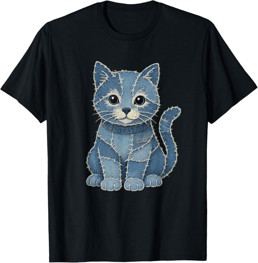 Funny Cat pattern denim patchwork Tee T-Shirt