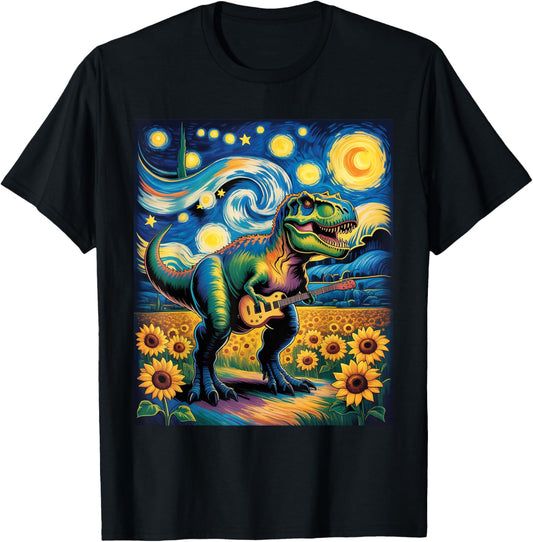 Dinosaur Starry Night Van Gogh Rock T Rex Playing Guitar T-Shirt