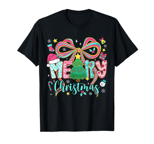 Preppy Merry Christmas Coquette Bow Pink Christmas Tree Girl T-Shirt