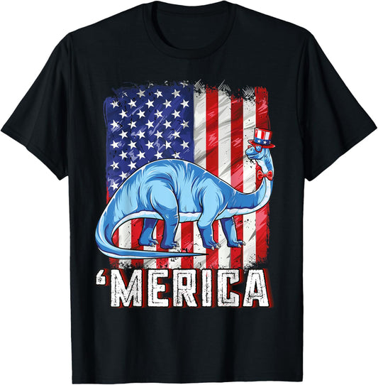 Patriotic Brontosaurus Merica USA American Flag 4th of July Women Kids Men T-Shirt