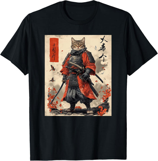 Samurai Cat T-Shirt - Japanese Art Style Warrior Graphic Tee T-Shirt