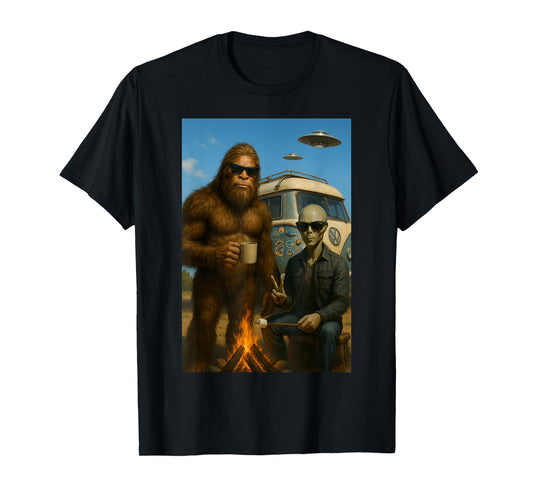 Bigfoot and Alien Camping with UFO T-Shirt