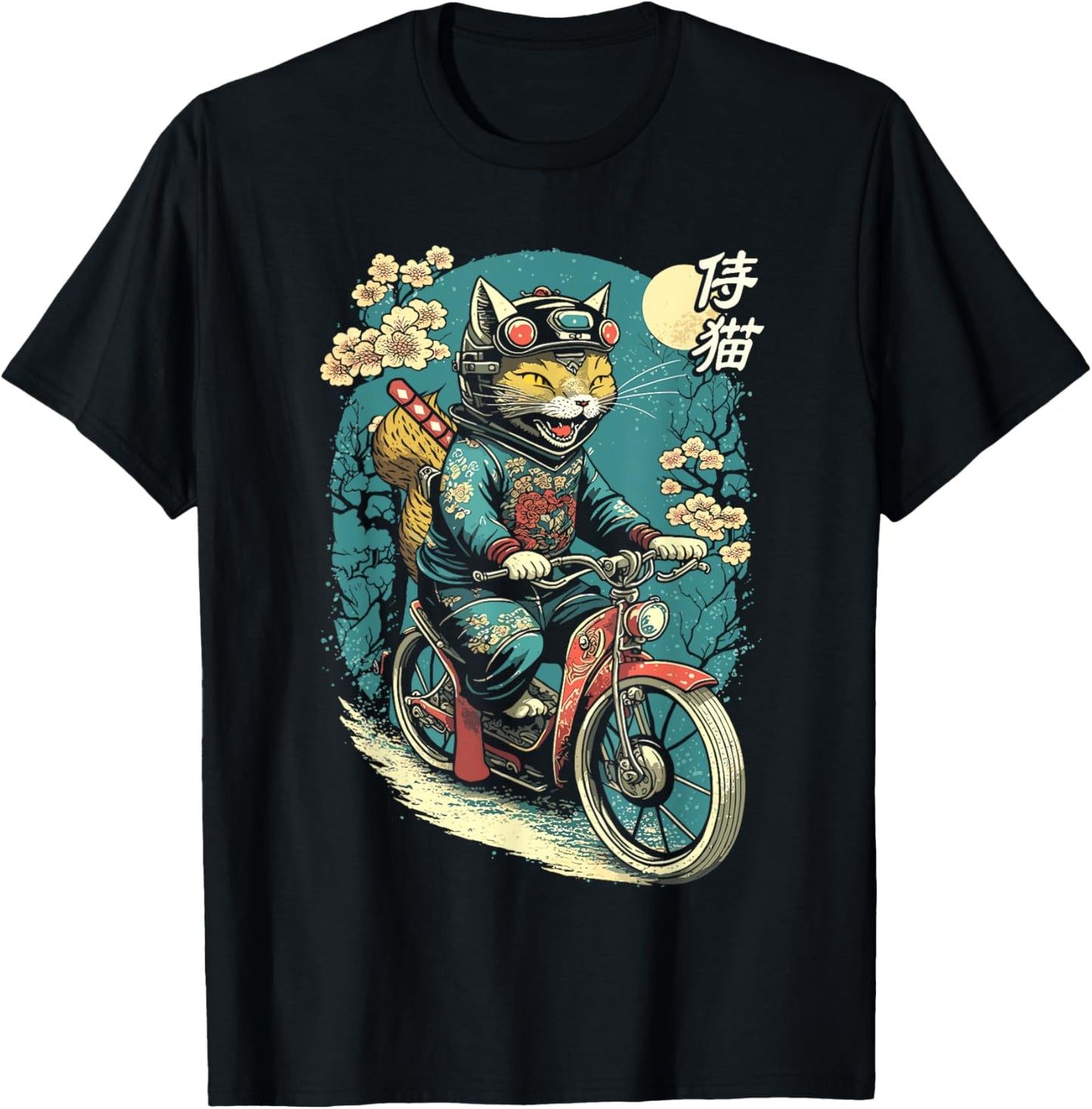Japanese Samurai Cat on Motorcycle Kawaii Ninja Cat T-Shirt