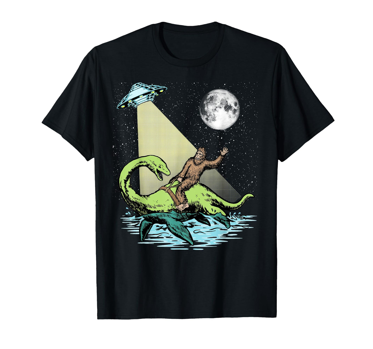 Bigfoot Riding Nessie & UFO Aliens At Night Funny Retro T-Shirt