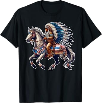 Native American Day Flag Indian Riding Horse 4th of July T-Shirt for Women Kids Men