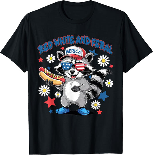 Red White And Feral Funny Raccoon Hot Dog 4th Of July T-Shirt
