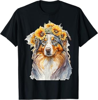 Watercolor Aussie Australian Shepherd Sunflower Dog Pet T-Shirt