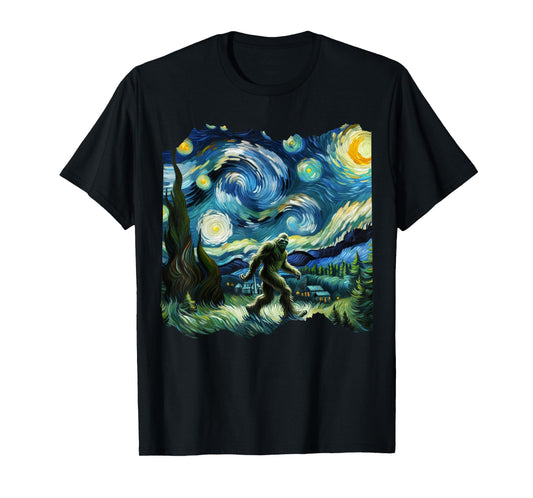 Bigfoot Sasquatch Van Gogh Art Painting Star Sky Night T-Shirt