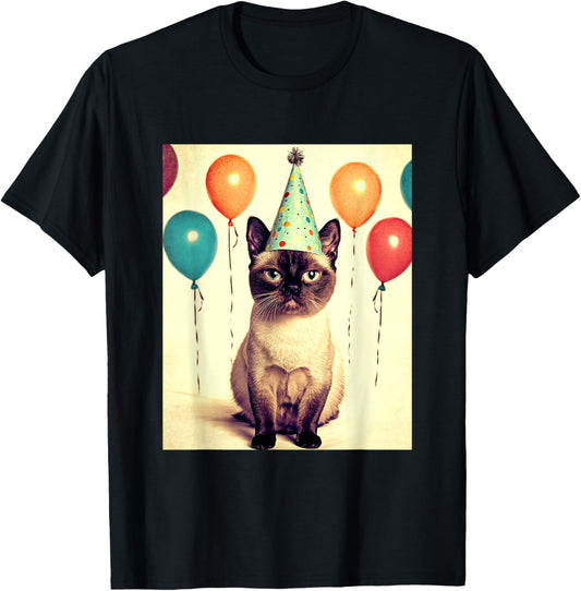Siamese Cat Retro Art Print Birthday Party Balloons & Hat T-Shirt