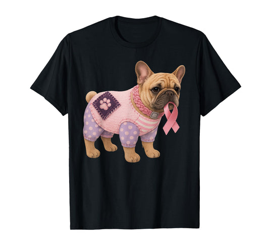 French Bulldog Pink Ribbon Breast Cancer Pattern Felt Art T-Shirt
