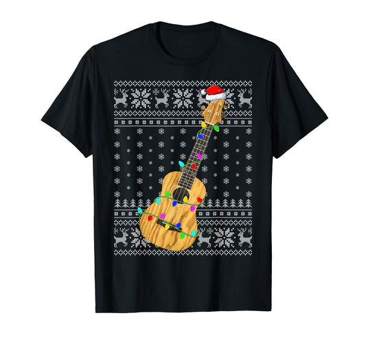 Ugly Sweater Xmas Lights Santa Hat Musical Ukulele Christmas T-Shirt
