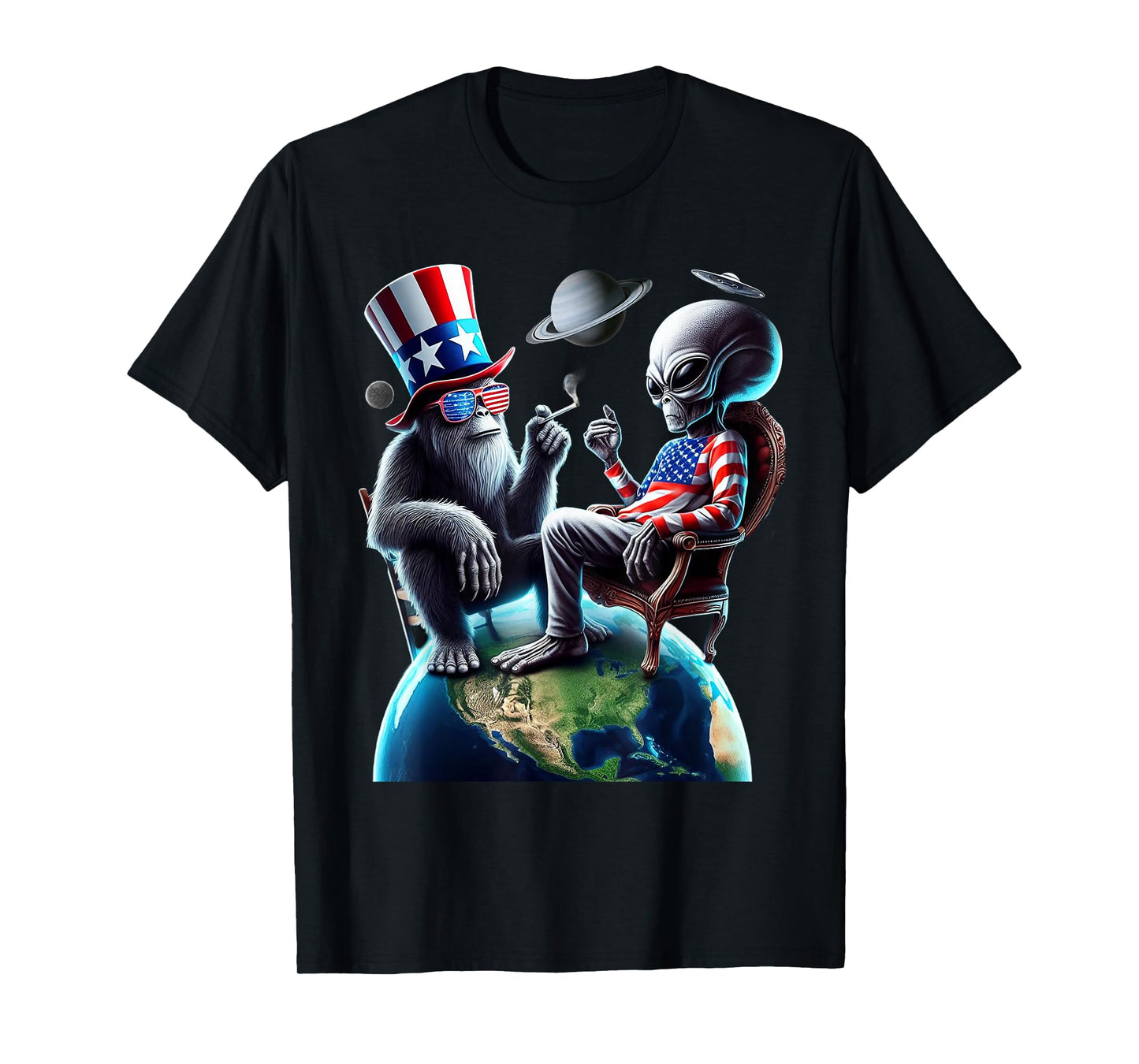 Patriotic Bigfoot Sasquatch Alien Space UFO 4th Of July T-Shirt