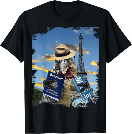 Dinosaur T-Rex Tourist In Paris France Eiffel Tower Funny T-Shirt