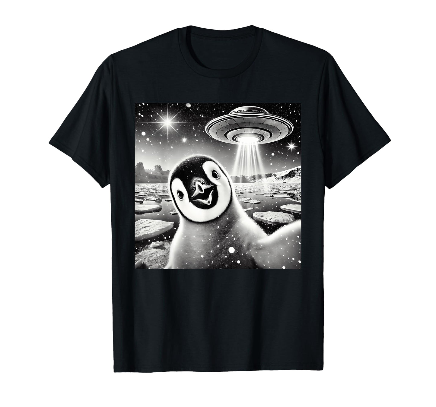 Funny Penguin Selfie UFO Graphic T-Shirt