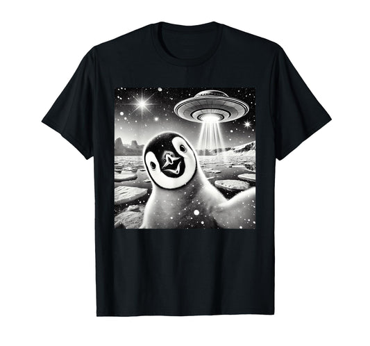 Funny Penguin Selfie UFO Graphic T-Shirt