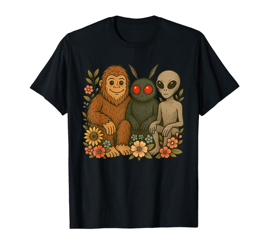 Cute Mothman Alien And Bigfoot Cryptid Friends Floral Art T-Shirt