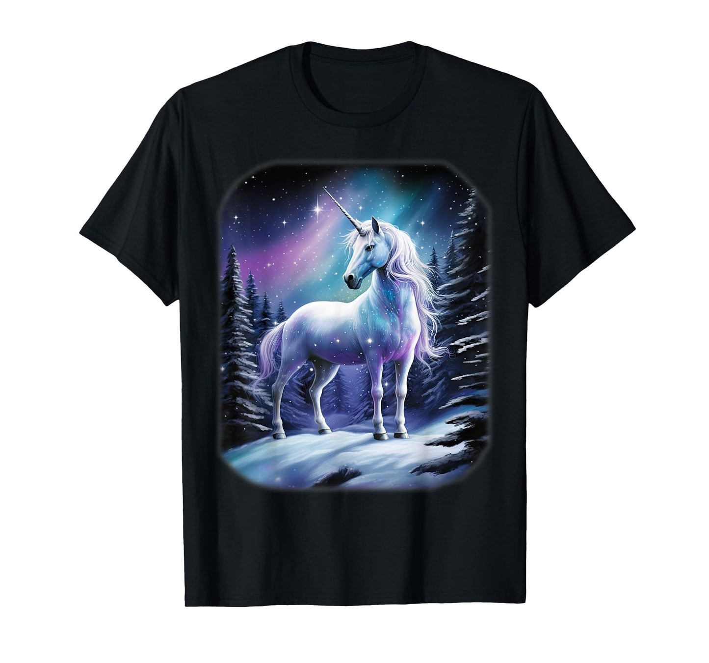 Fantasy white Unicorn standing in the snowy forest T-Shirt