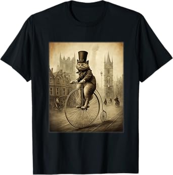 Funny Cat Top Hat Riding Penny Farthing Bicycle Cute Vintage T-Shirt for Men Women Kids