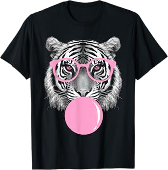 Funny Tiger Wearing Glasses and Blowing Pink Bubble Gum T-Shirt