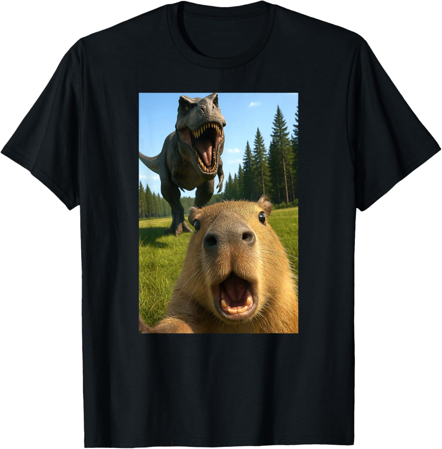 Funny Capybara Selfie Dinosaur Trex Animal Lover Boys Girls T-Shirt