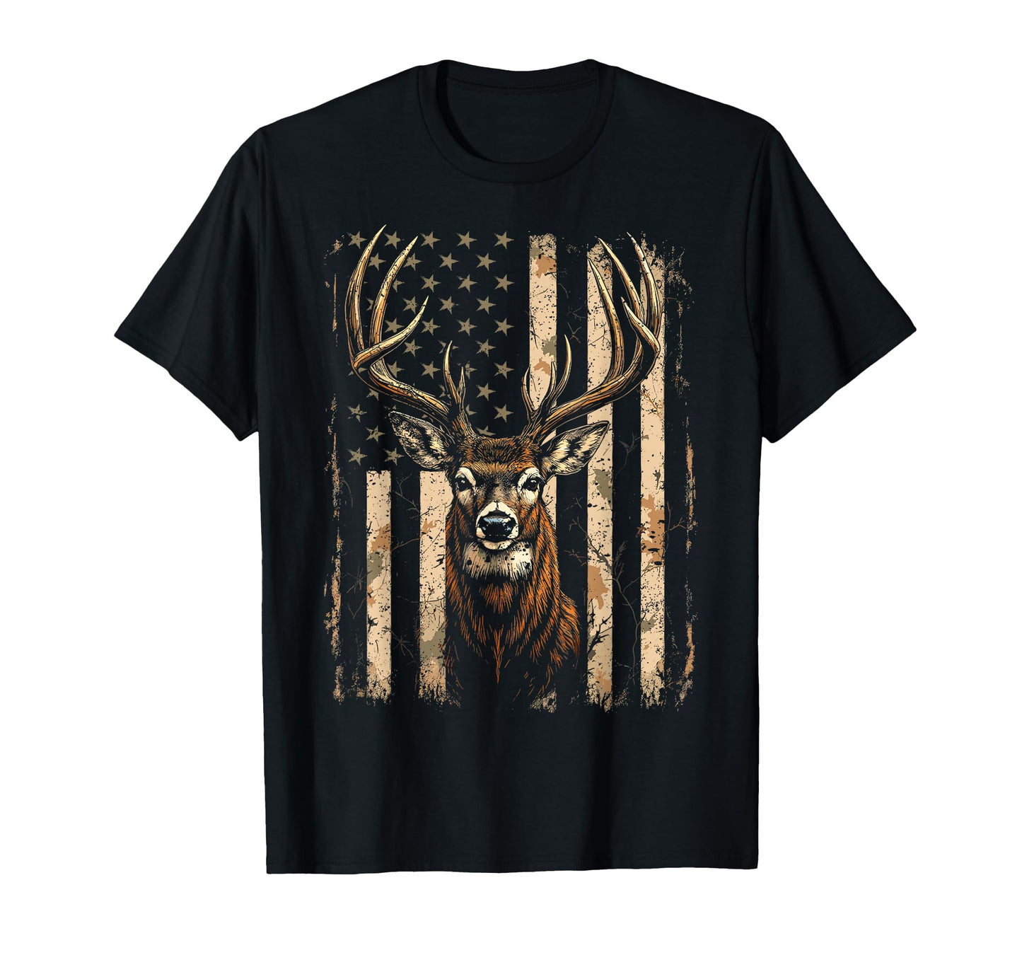 American Flag Vintage Tee Buck Deer Hunting Camouflage Style T-Shirt