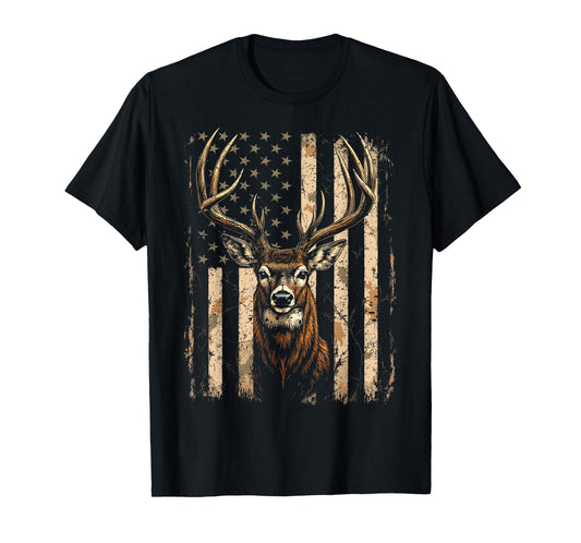 American Flag Vintage Tee Buck Deer Hunting Camouflage Style T-Shirt