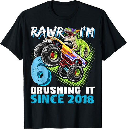 Dinosaur Monster Truck 6th Birthday Party Boys Rawr I'm 6 T-Shirt
